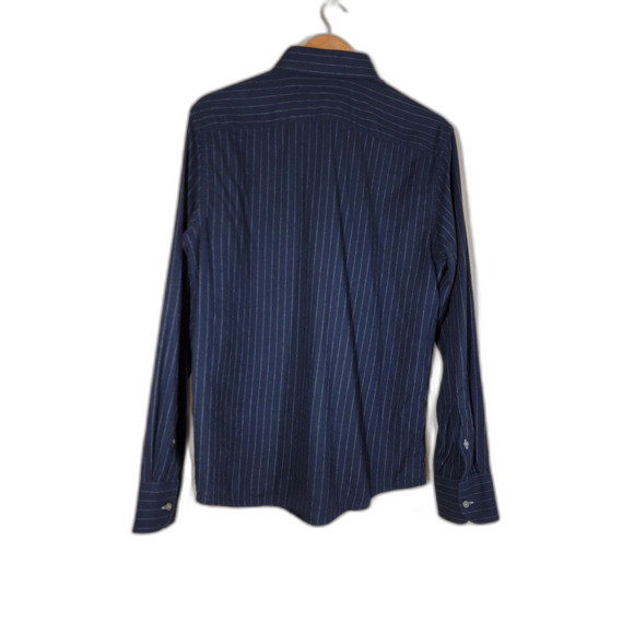 UNTUCKit Slim Fit Navy Blue Striped Long Sleeve Button Shirt - Large - Picture 2 of 7